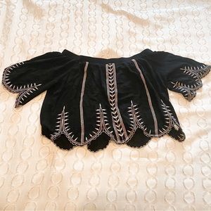 Forever 21 Black with White Embroidery Off the Shoulder Top